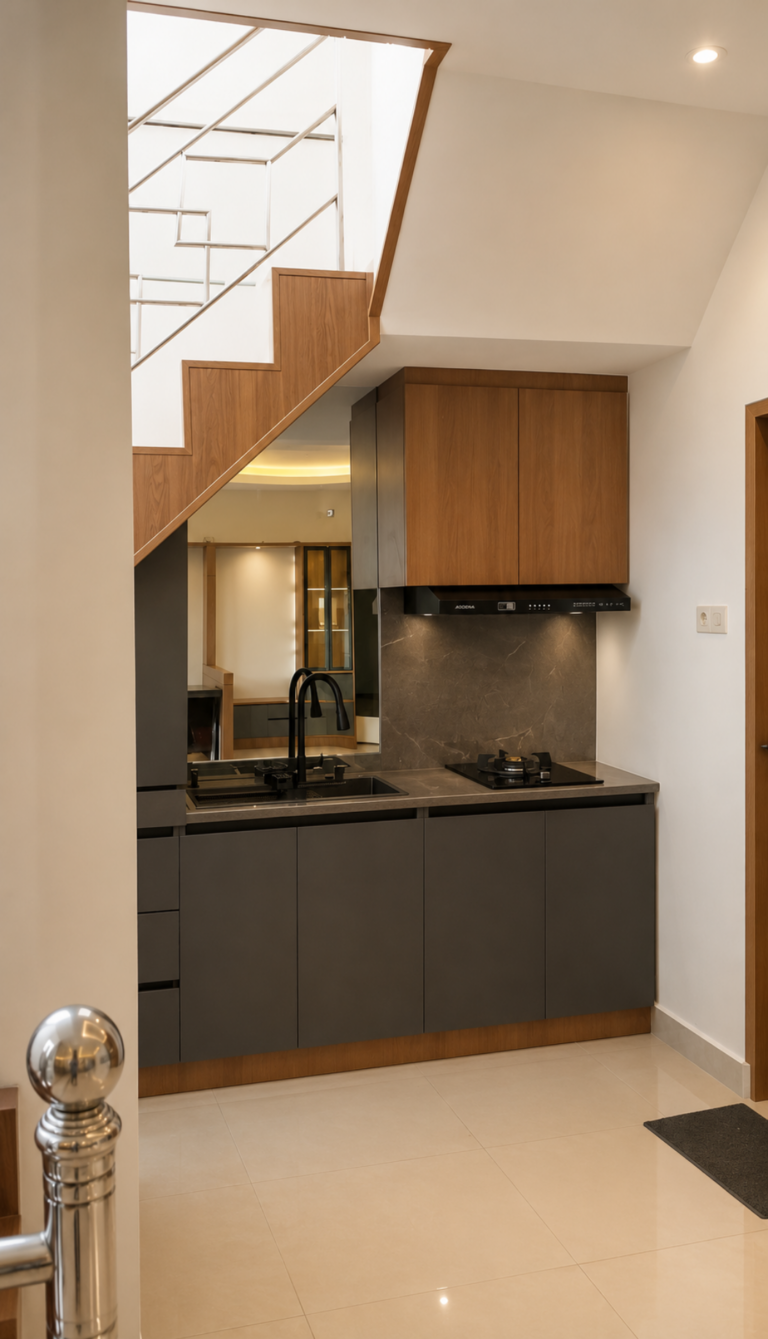AAM Office — Pantry bawah tangga dengan kabinet atas kayu, kabinet bawah gelap, sink dan kompor