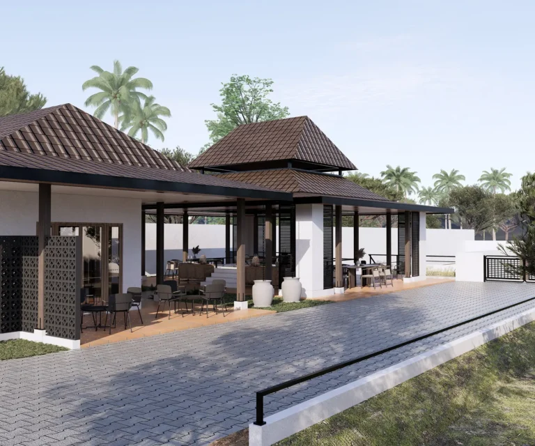 Desain cottage KIS Cottage di Paya Bakung: visualisasi pendopo beratap bertingkat dengan teras terbuka dan jalur masuk.