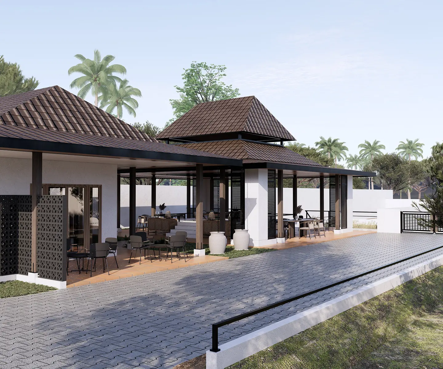 Desain cottage KIS Cottage di Paya Bakung: visualisasi pendopo beratap bertingkat dengan teras terbuka dan jalur masuk.