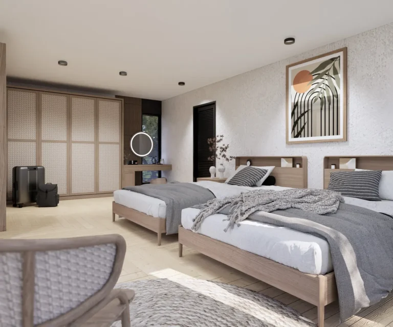 KIS Cottage — Visualisasi desain: Kamar tidur twin dengan furnitur kayu, lemari anyaman, dan palet netral