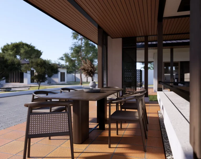 KIS Cottage — Visualisasi desain: Meja makan teras dengan pandangan ke ruang terbuka