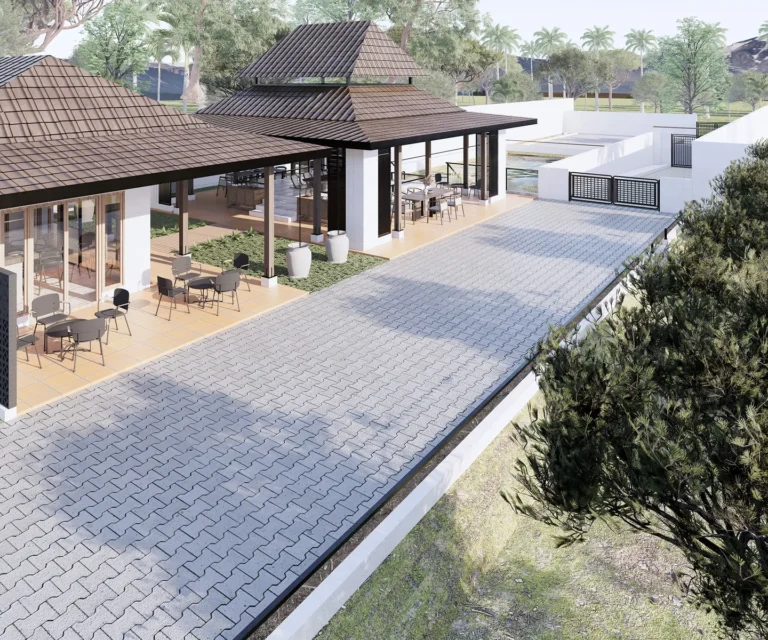 KIS Cottage — Visualisasi desain: Pandangan atas pendopo, teras, dan jalur sirkulasi kawasan