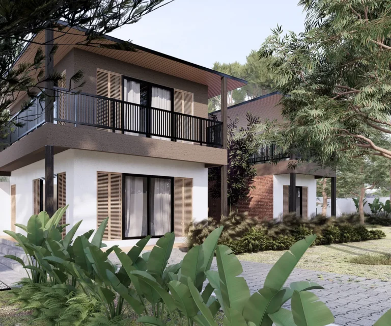 KIS Cottage — Visualisasi desain: Cottage dua lantai dengan balkon dan vegetasi di sekelilingnya