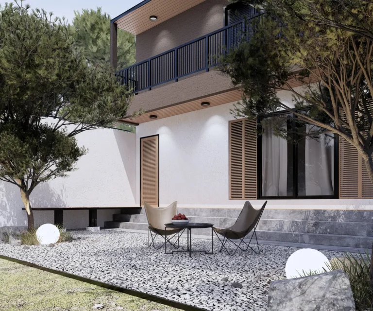 KIS Cottage — Visualisasi desain: Area duduk luar di depan cottage, tangga teras, dan taman kerikil