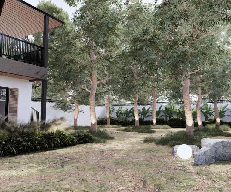 KIS Cottage — Visualisasi desain: Kelompok pohon, rumput, dan tanaman rendah di antara bangunan