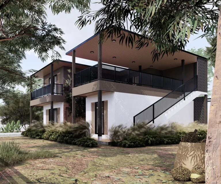 KIS Cottage — Visualisasi desain: Cottage dua lantai dengan tangga luar dan balkon beratap lebar