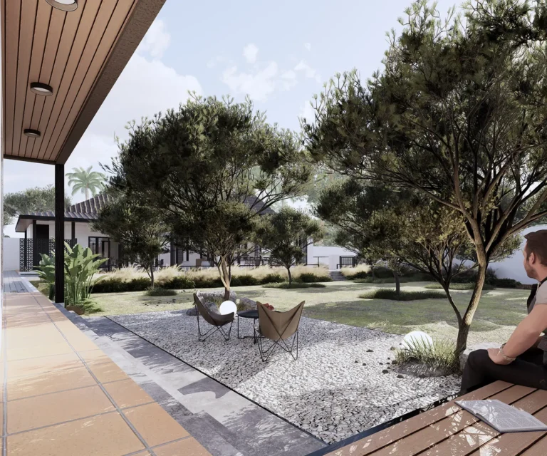 KIS Cottage — Visualisasi desain: Pandangan taman dan area duduk dari teras cottage