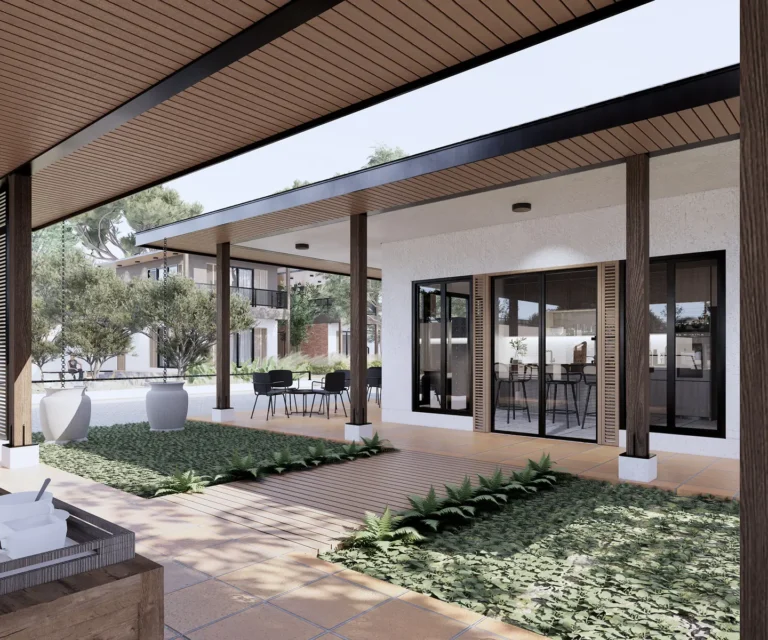 KIS Cottage — Visualisasi desain: Taman tengah, dek penghubung, dan bukaan menuju area dalam