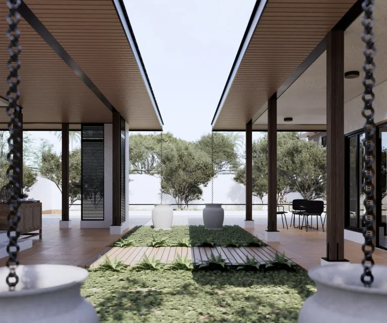 KIS Cottage — Visualisasi desain: Celah terbuka di antara bidang atap, taman tengah, dan detail rantai hujan