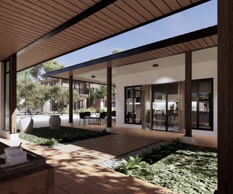 KIS Cottage — Visualisasi desain: Susunan kolom, dek, teras, dan bukaan kaca pendopo