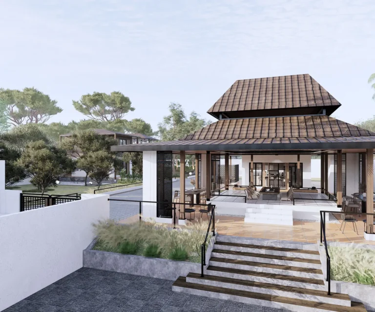 KIS Cottage — Visualisasi desain: Pendopo terbuka, taman pada area tangga, dan kolam di depannya