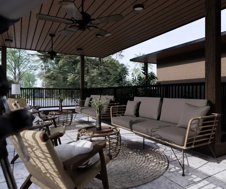 KIS Cottage — Visualisasi desain: Area duduk komunal lantai atas dengan furnitur anyaman dan pandangan taman