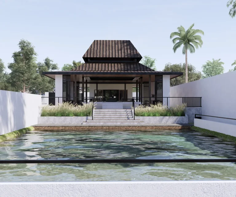 KIS Cottage — Visualisasi desain: Komposisi simetris pendopo, tangga, dan kolam dari arah depan