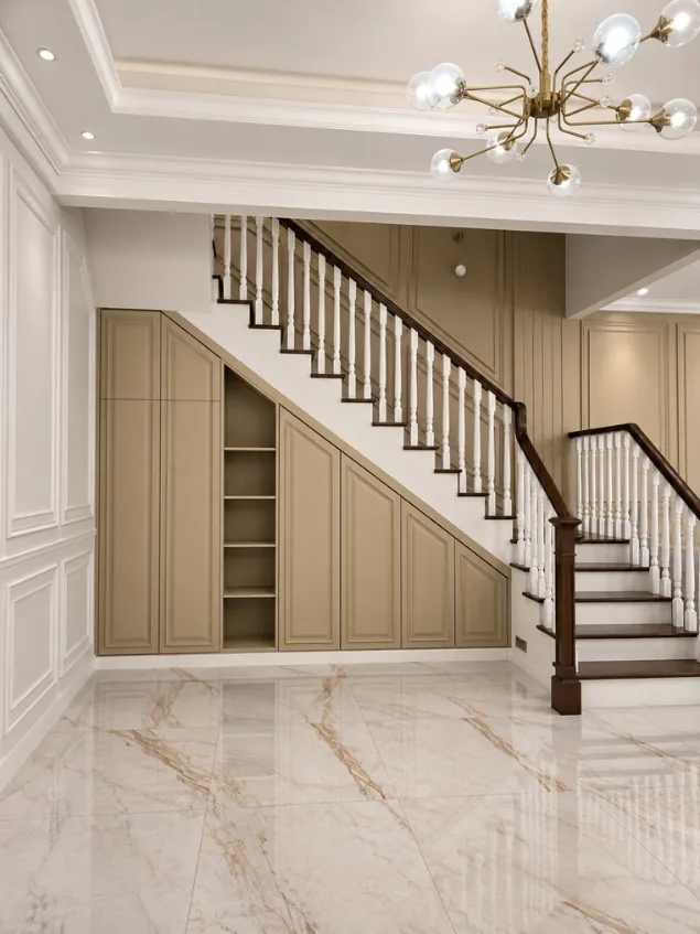 Interior klasik OY House: tangga kayu dengan baluster putih dan kabinet di bawah tangga.