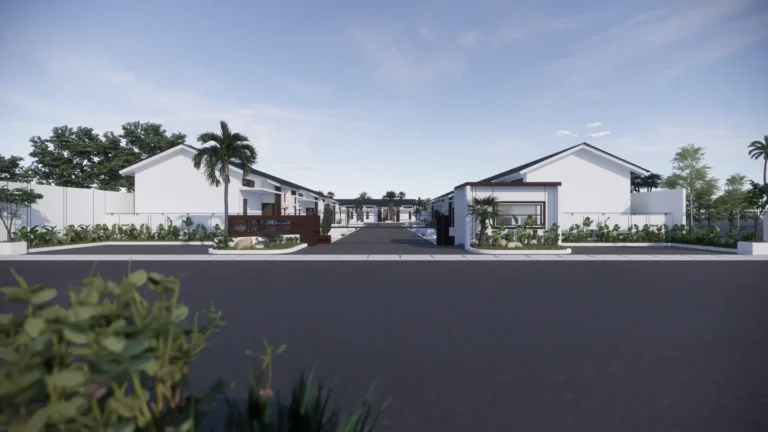 PIS House — Visualisasi desain: Tampak depan gerbang kawasan, deretan hunian, dan lanskap tepi jalan
