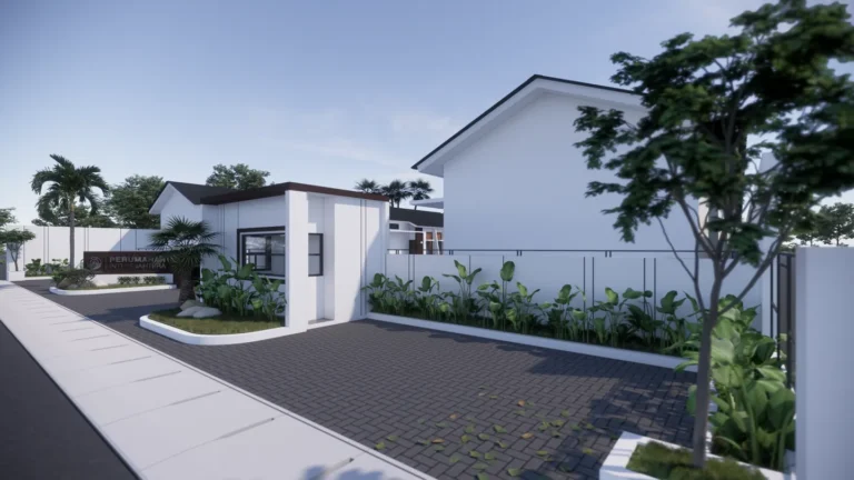 PIS House — Visualisasi desain: Pos pada pintu masuk kawasan dengan bidang putih dan penataan tanaman