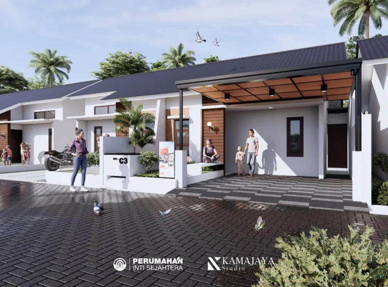 PIS House — Visualisasi desain: Perspektif rumah dengan kanopi berangka gelap, plafon bernuansa kayu, dan carport