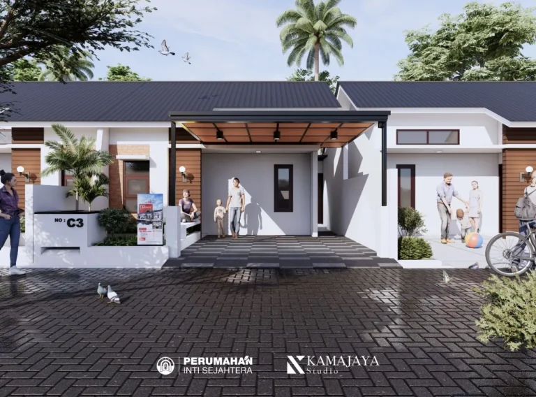 PIS House — Visualisasi desain: Tampak depan unit rumah dengan kanopi dan area teras