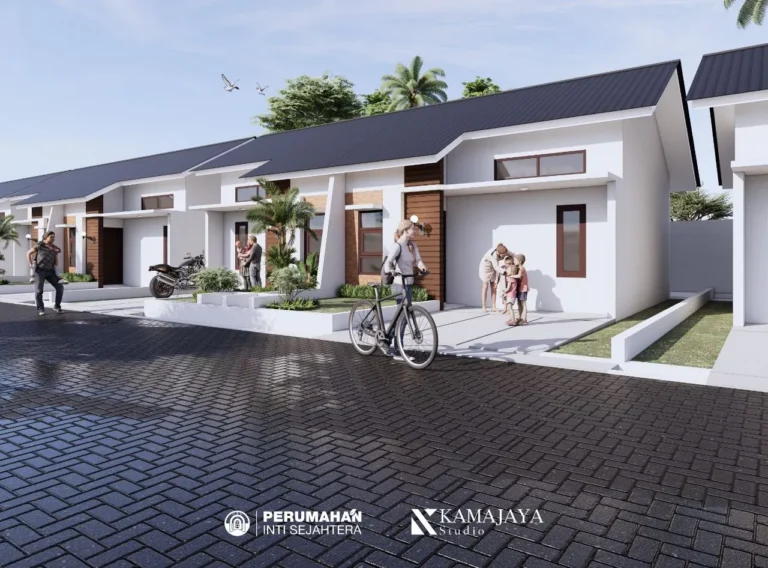 PIS House — Visualisasi desain: Perspektif deretan rumah satu lantai dengan bidang putih dan aksen cokelat