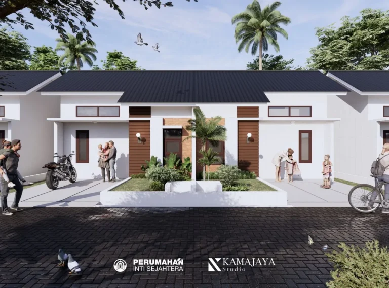 PIS House — Visualisasi desain: Komposisi dua fasad rumah dengan atap pelana dan taman kecil di depan