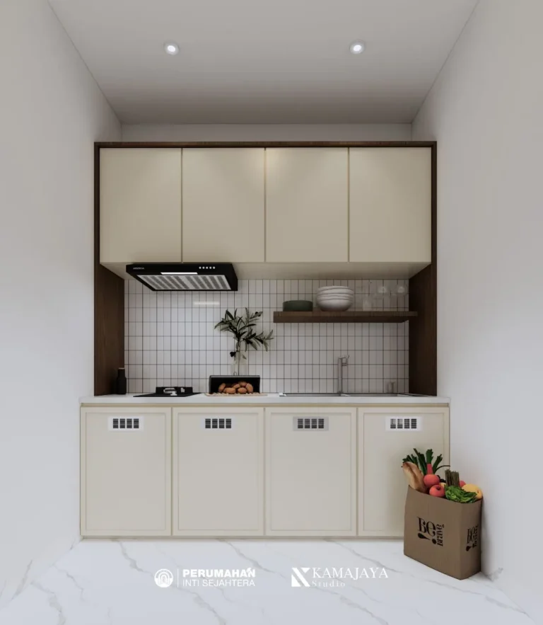 PIS House — Visualisasi desain: Kabinet krem, rak kayu, backsplash ubin putih, dan meja dapur