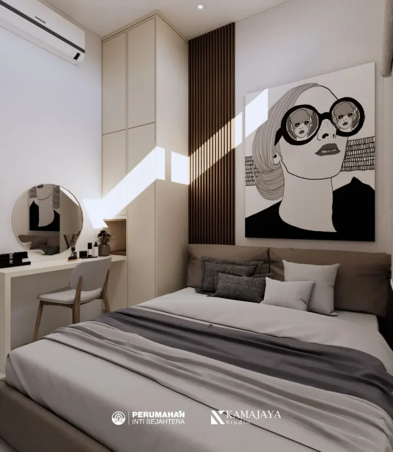 PIS House — Visualisasi desain: Kamar tidur dengan lemari tinggi, meja rias, dan palet netral