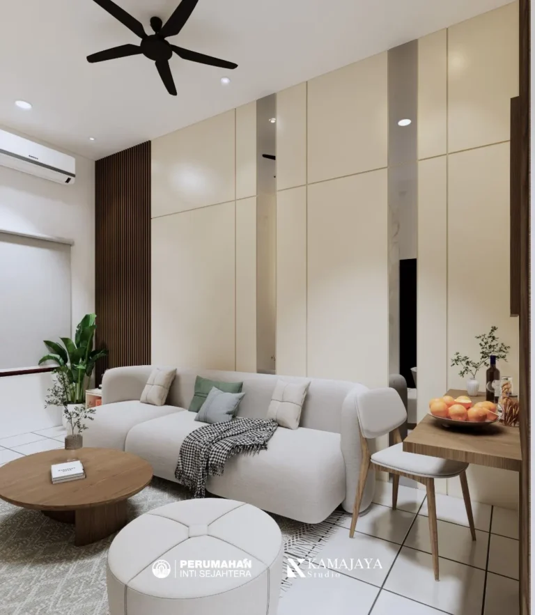 PIS House — Visualisasi desain: Sofa terang, meja bundar, dan panel dinding krem bernuansa kayu