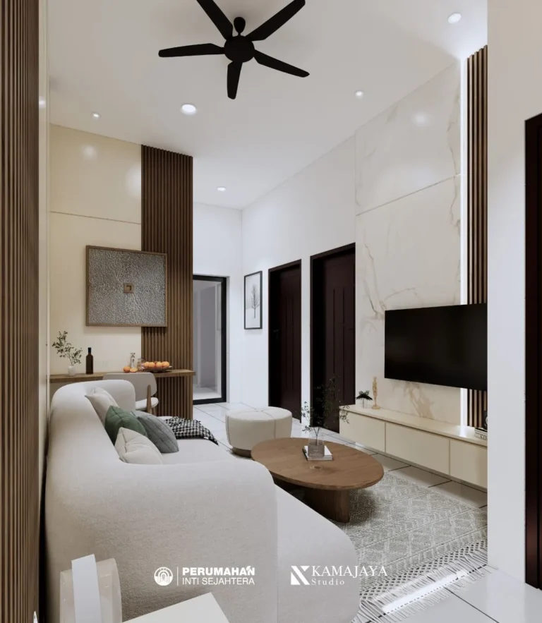 PIS House — Visualisasi desain: Panel televisi bermotif batu, kabinet melayang, dan sofa pada ruang keluarga