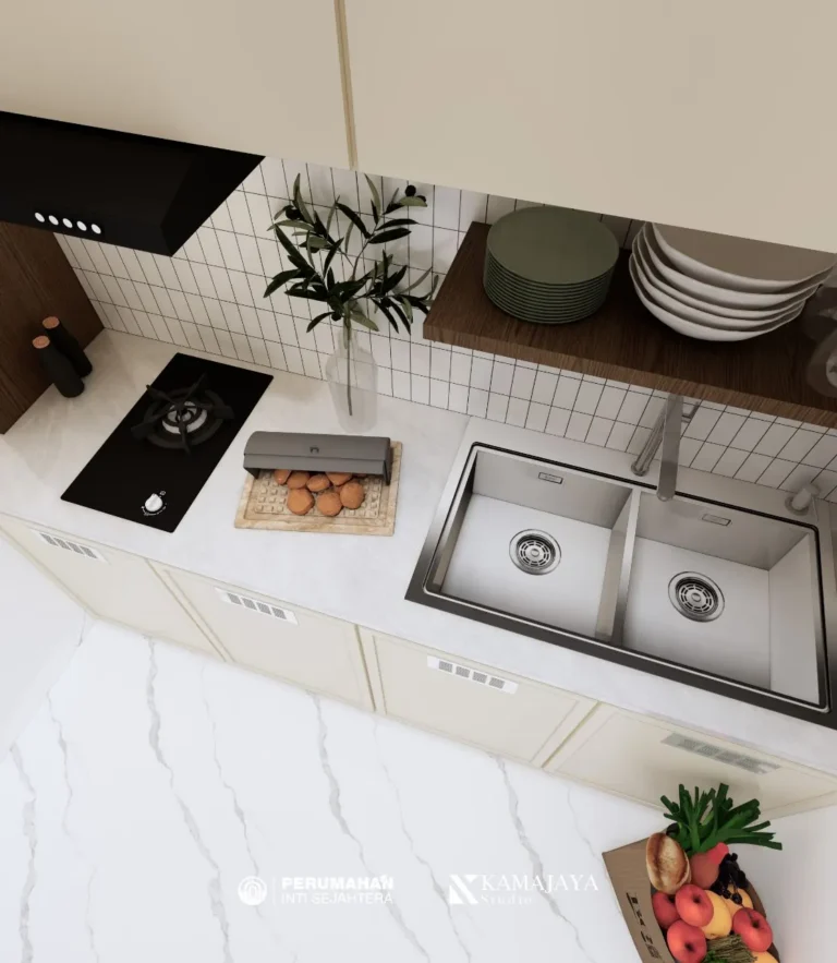 PIS House — Visualisasi desain: Sudut atas meja dapur dengan kompor, bak cuci, dan rak terbuka