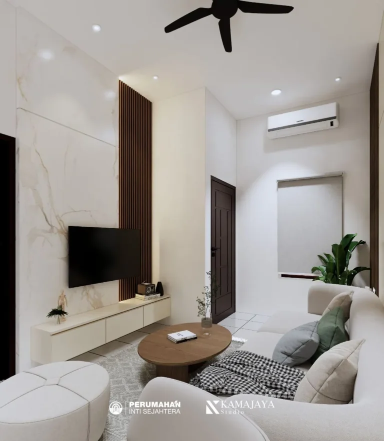 PIS House — Visualisasi desain: Area televisi dan sofa dengan aksen kayu, warna krem, dan jendela