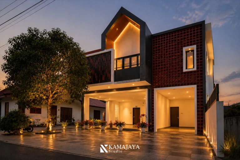 Rumah dua lantai R-House di Medan dengan fasad tegas dan aksen material kayu.