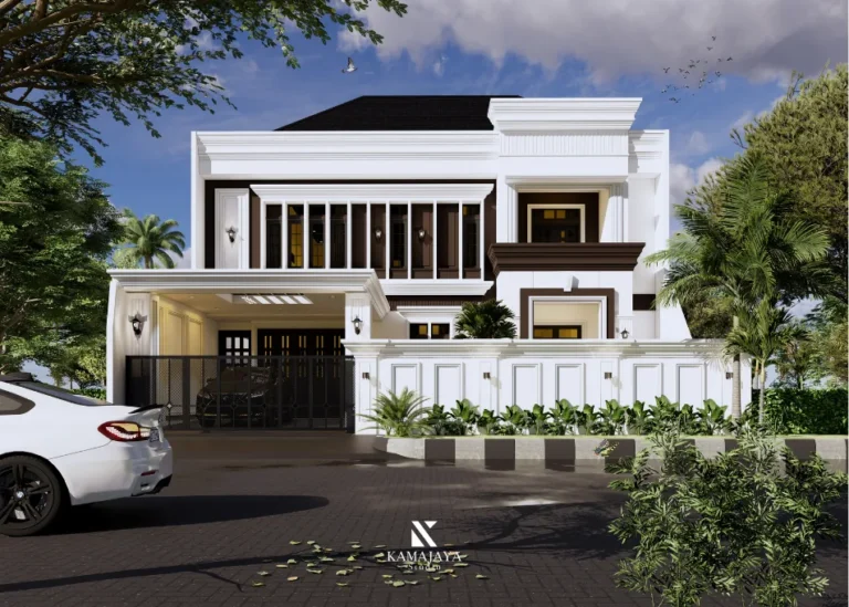 SH House — Visualisasi fasad putih dengan profil klasik, atap gelap, dan gerbang