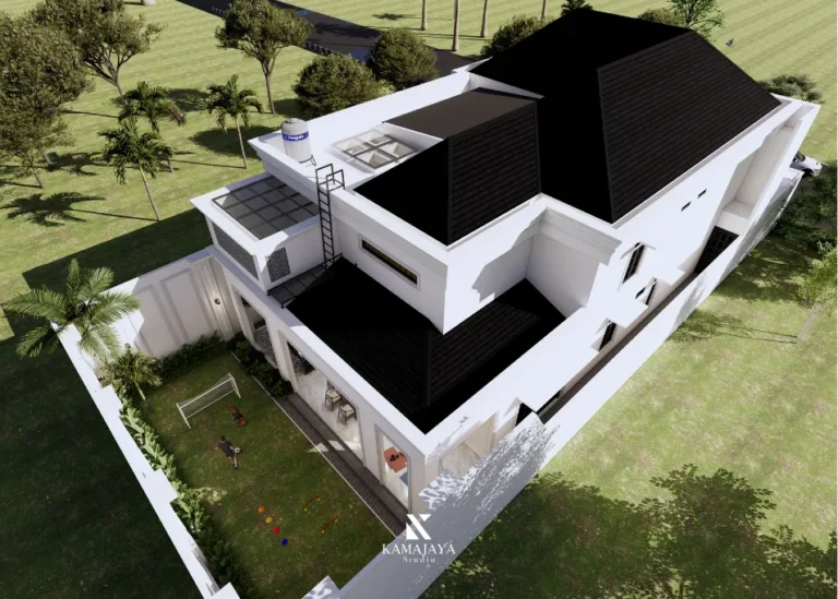 SH House — Visualisasi dari atas yang memperlihatkan susunan atap dan taman