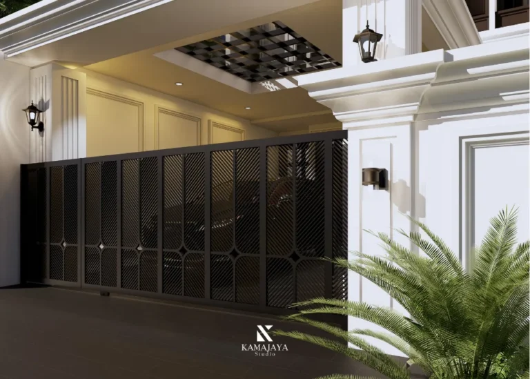 SH House — Visualisasi gerbang gelap dan teras dengan panel dinding putih