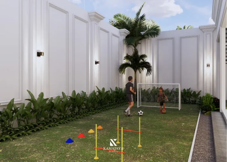 SH House — Visualisasi taman dengan rumput dan area aktivitas keluarga