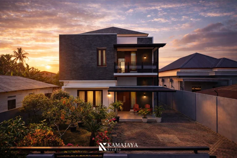 Rumah dengan balkon S-House di Medan, fasad batu gelap dan bingkai terang.