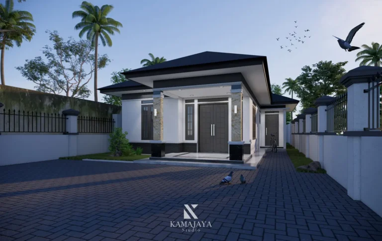 Desain rumah satu lantai SY House di Paya Bakung: visualisasi fasad terang, teras, dan kolom beraksen batu.