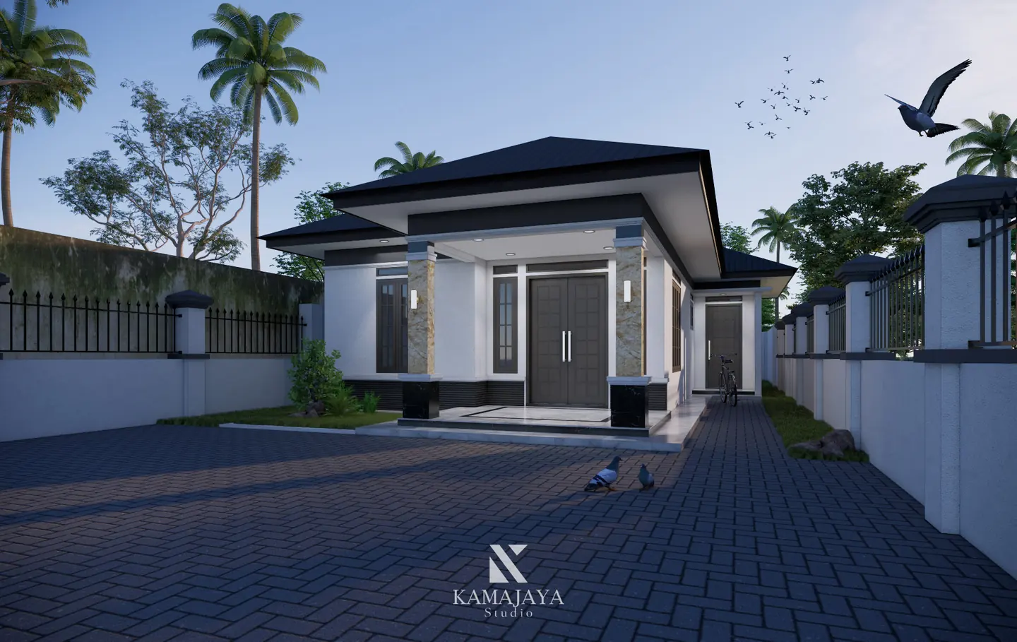 Desain rumah satu lantai SY House di Paya Bakung: visualisasi fasad terang, teras, dan kolom beraksen batu.
