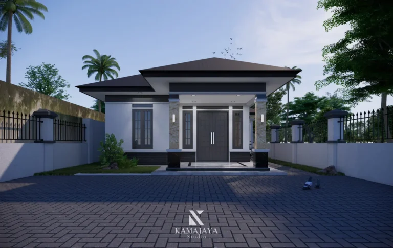SY House — Visualisasi desain: Komposisi pintu masuk, jendela, teras, dan atap rumah dari arah depan