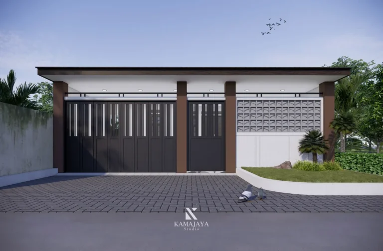 SY House — Visualisasi desain: Gerbang berwarna gelap, bidang roster, dan taman kecil pada batas depan rumah