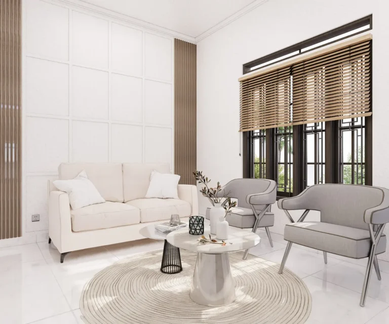SY House — Visualisasi desain: Sofa putih, kursi abu-abu, panel dinding, dan aksen kisi bernuansa kayu di ruang tamu