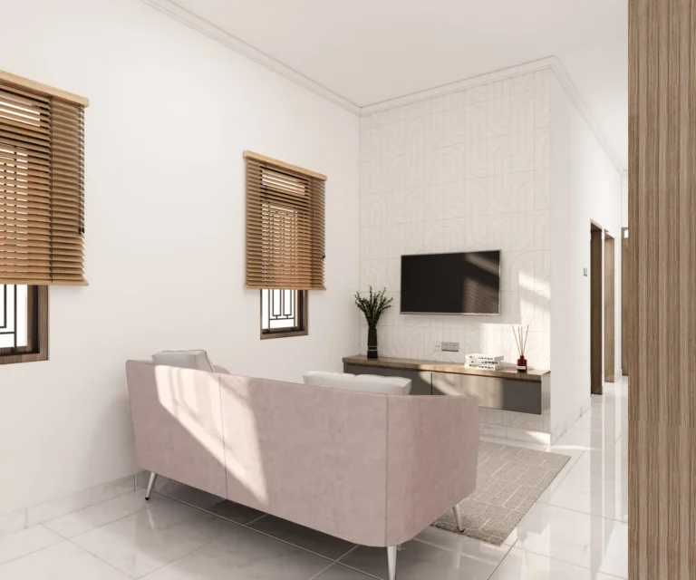 SY House — Visualisasi desain: Ruang televisi dengan sofa, panel bermotif halus, kabinet melayang, dan jendela