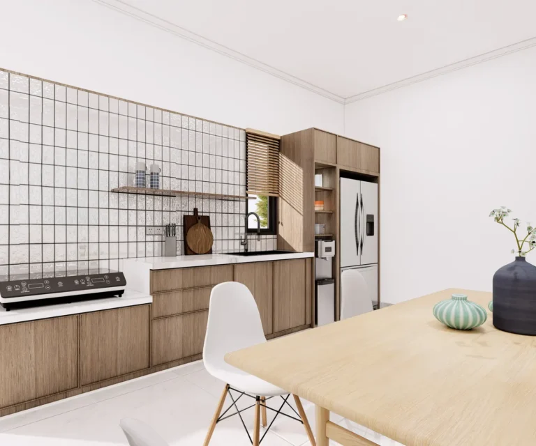 SY House — Visualisasi desain: Kabinet bernuansa kayu, backsplash ubin putih, dan bukaan jendela di dapur