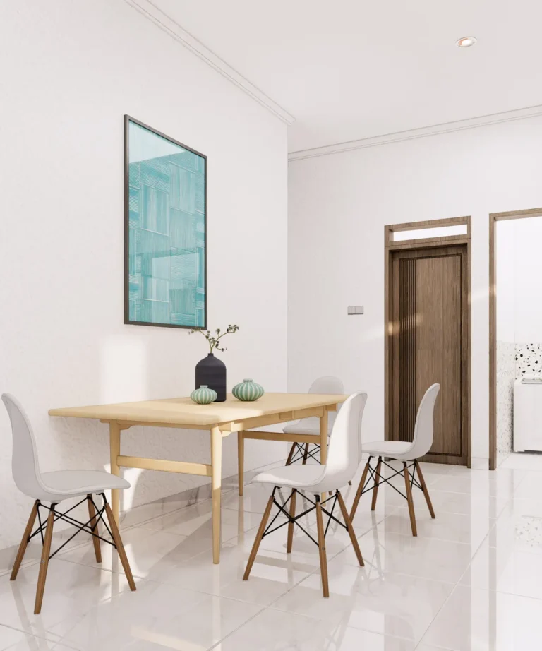 SY House — Visualisasi desain: Meja makan kayu dengan kursi putih dan dekorasi berwarna hijau kebiruan