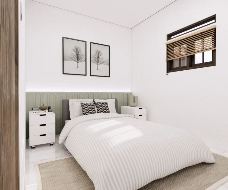 SY House — Visualisasi desain: Kamar tidur dengan panel headboard hijau lembut, nakas putih, dan jendela bertirai kisi