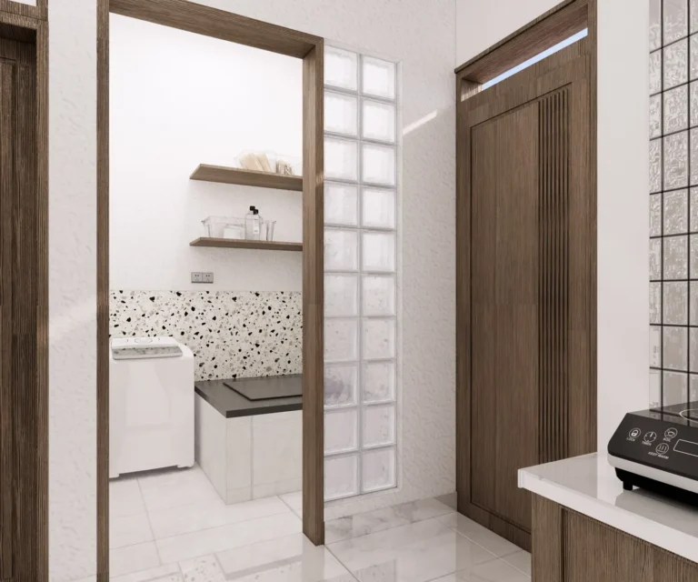 SY House — Visualisasi desain: Area mesin cuci, rak dinding, bidang blok kaca, dan pintu bernuansa kayu