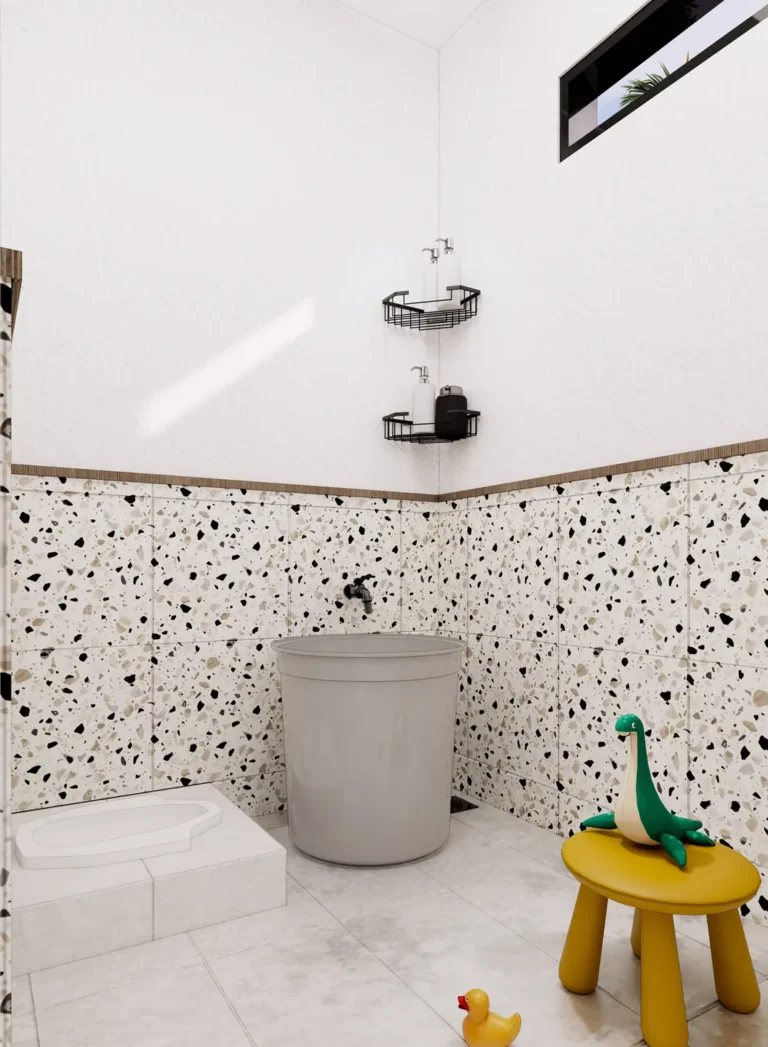 SY House — Visualisasi desain: Dinding bercorak terrazzo, bukaan tinggi, dan perlengkapan pada kamar mandi
