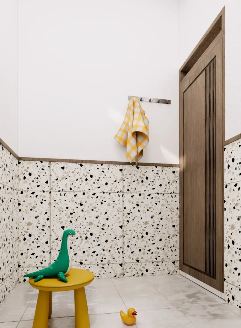 SY House — Visualisasi desain: Panel bermotif terrazzo dan pintu kayu pada sudut lain kamar mandi